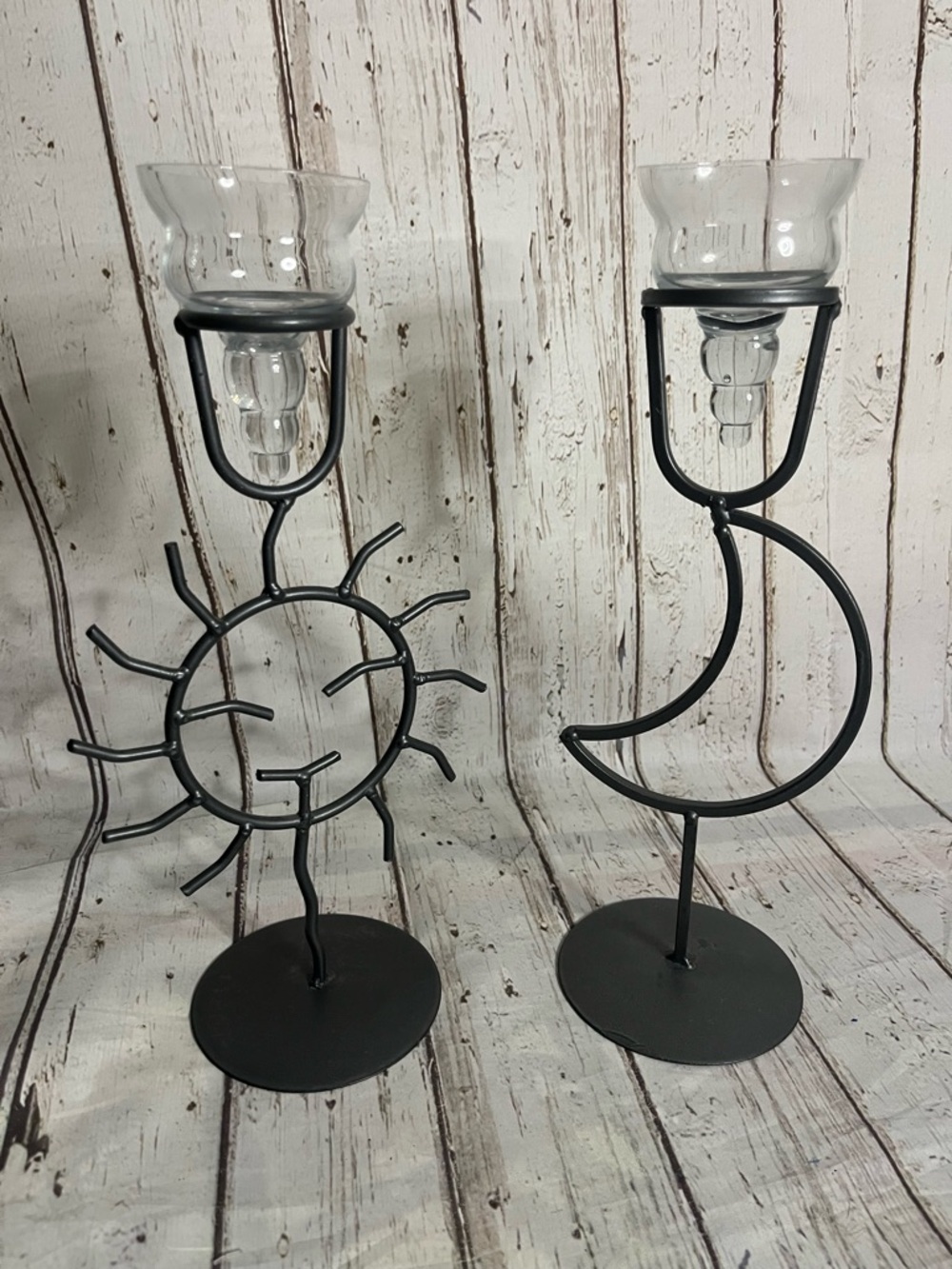 Sun And Moon Candle Holders Iron Metal Brushed Nickel + 2 Glass Droplet Holders